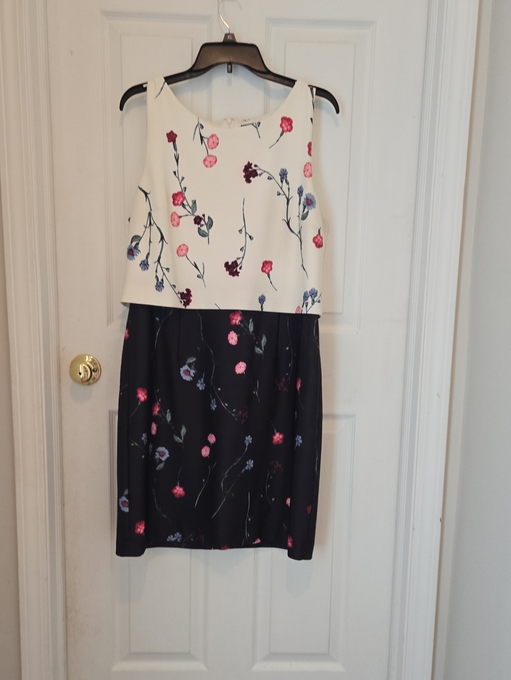 Ivanka Trump Two-Tone Floral Sleeveless Dress - White & Black with Pink Accents